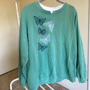 Vintage Sweatshirt Embroidered Butterfly Design Green Adrian Delafield